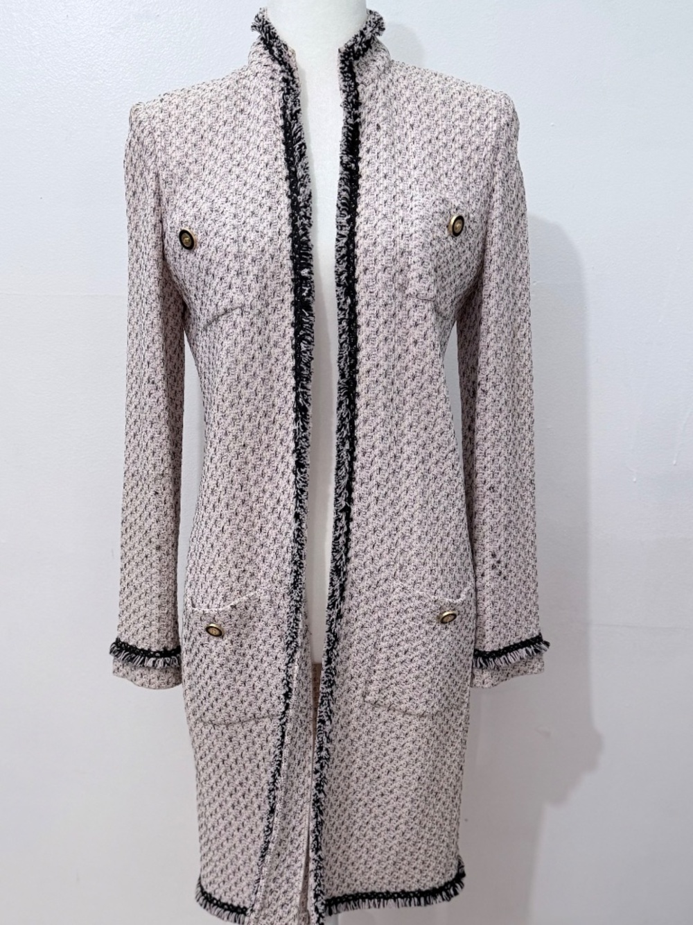 2007 ST. JOHN COLLECTION Tweed Long Duster Coat Fringe Jacket Gold Crest SZ 4